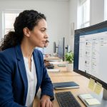 Responsable RH utilisant un logiciel de suivi des candidatures sur un écran d'ordinateur dans un bureau moderne