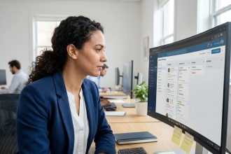 Responsable RH utilisant un logiciel de suivi des candidatures sur un écran d'ordinateur dans un bureau moderne