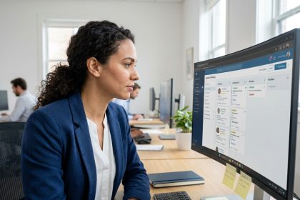 Responsable RH utilisant un logiciel de suivi des candidatures sur un écran d'ordinateur dans un bureau moderne