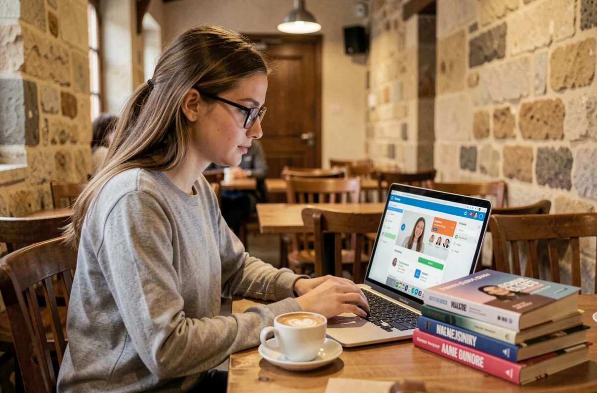 Professeure indépendante configurant son profil sur la plateforme Superprof depuis un café de Toulouse