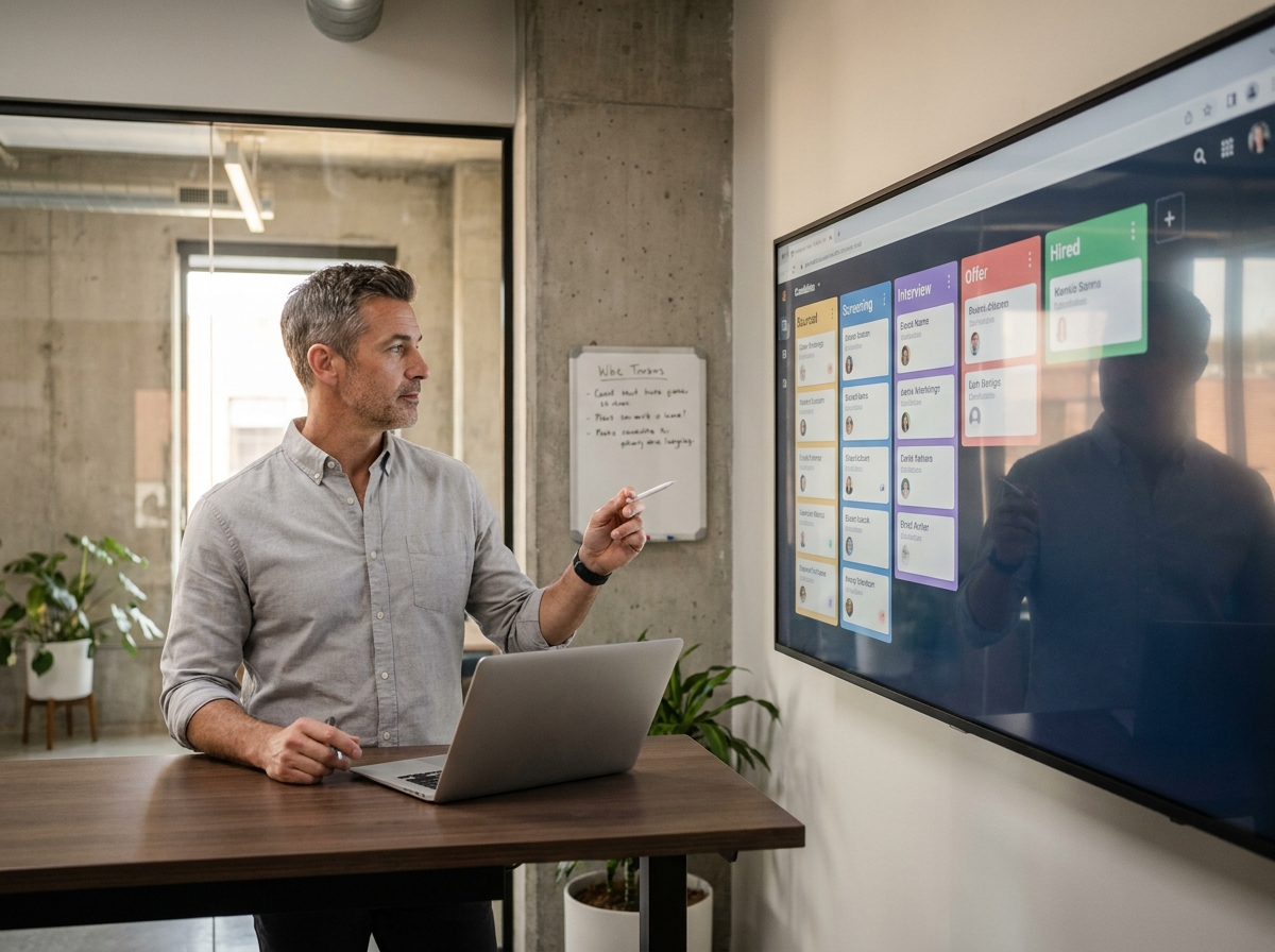 Directeur RH debout devant un tableau de suivi des candidatures numérique dans un espace de travail moderne