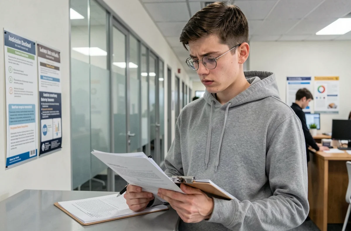 Étudiant vérifiant les pièces de son dossier de candidature eCandidat dans les couloirs administratifs de l'université Paris 8