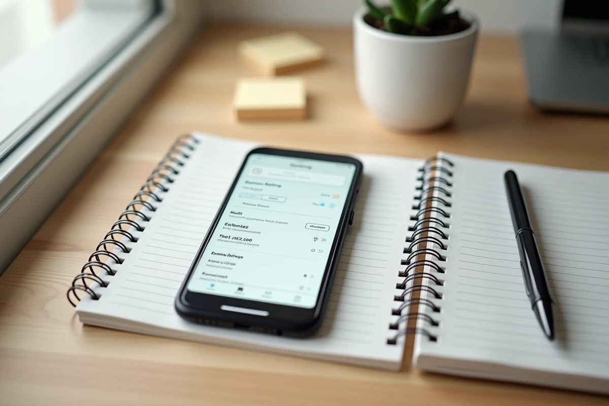 Vue de dessus d'un smartphone affichant les réglages de l'extranet PSB sur un bureau à domicile