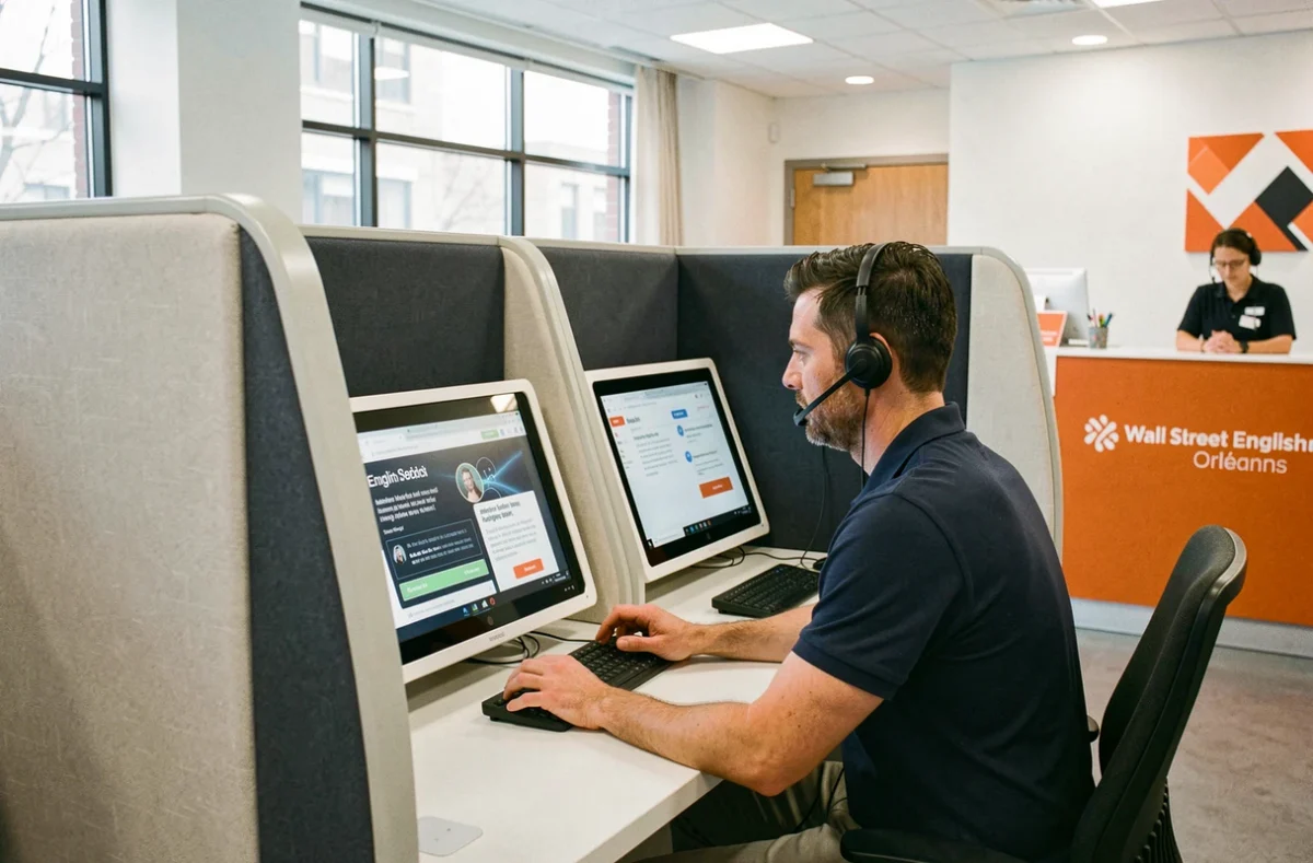 Espace multimédia d'autoapprentissage au centre Wall Street English d'Orléans avec un apprenant adulte