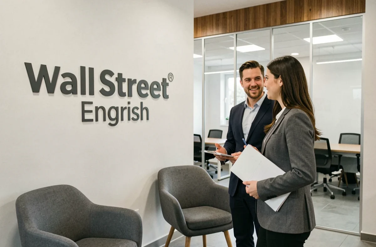 Accueil professionnel du centre Wall Street English à Tours avec un conseiller et une étudiante adulte