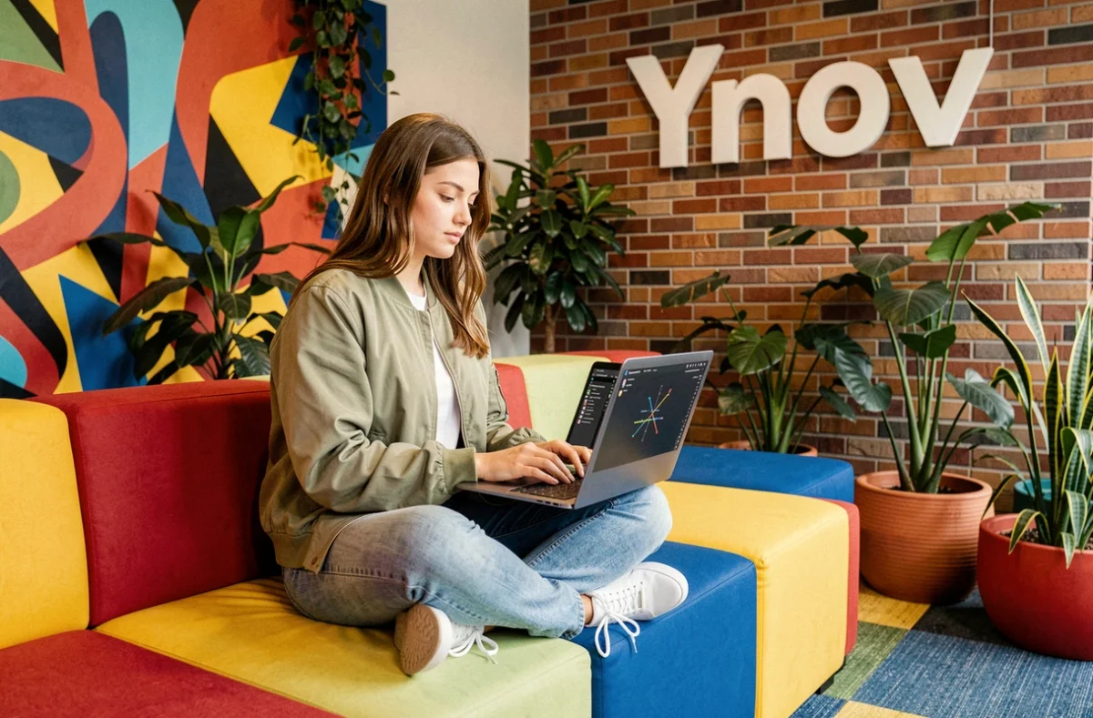 Étudiante travaillant sur un projet de développement dans l'espace de vie du campus Ynov à Bordeaux
